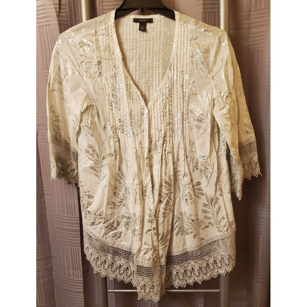 Alfani Women's 16 White Lace Pintuck‎ Button Down Peasant Crochet Lace Tunic Top